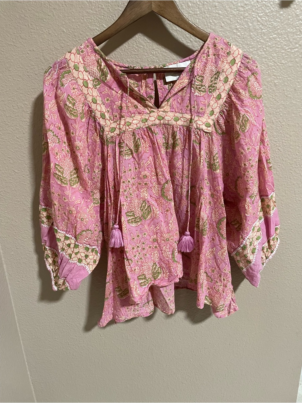 Cleobella Boho Pink Floral Peasant Blouse with Tassel Ties